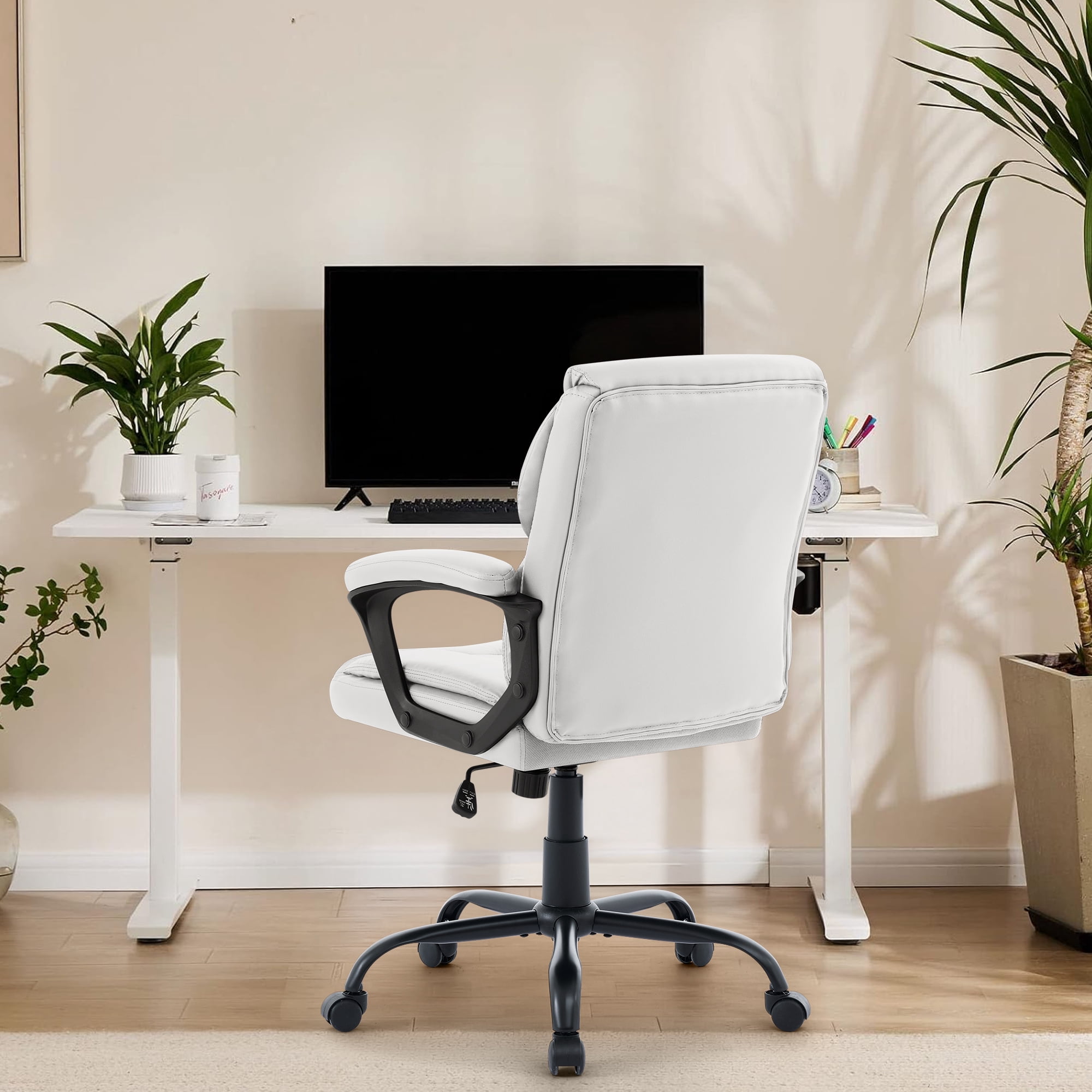 JONPONY Leather Office Chair, Big and Tall 400lbs Ergonomic Desk Chairs with Back Support, Executive Leather Chair with Wheels for Home Office, 360°Swivel Free, White