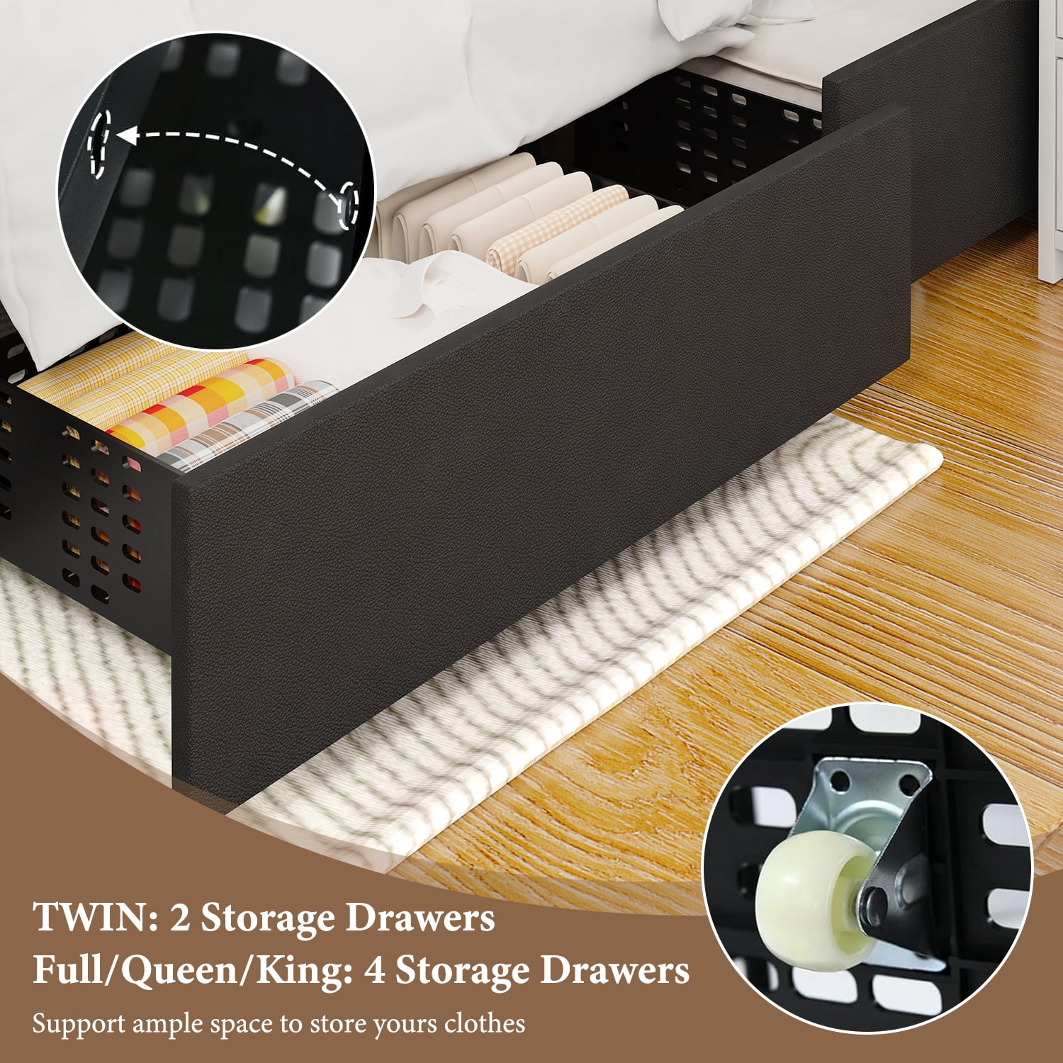 4 EVER WINNER Full Size LED Bed Frame with 4 Drawers, Black Full Bed Frame with LED Light Headboard, Modern Upholstered Bed with Diamond Headboard and Footboard, Black