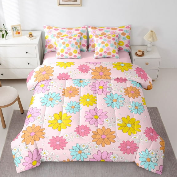 Homewish Kawaii Cartoon Groovy Twin Bedding Sets 7-Piece for Kids, Garden Flower Floral Bedding Comforter Set, Pink Princess Style Reversible Sheet Sets, Breathable Home Decor