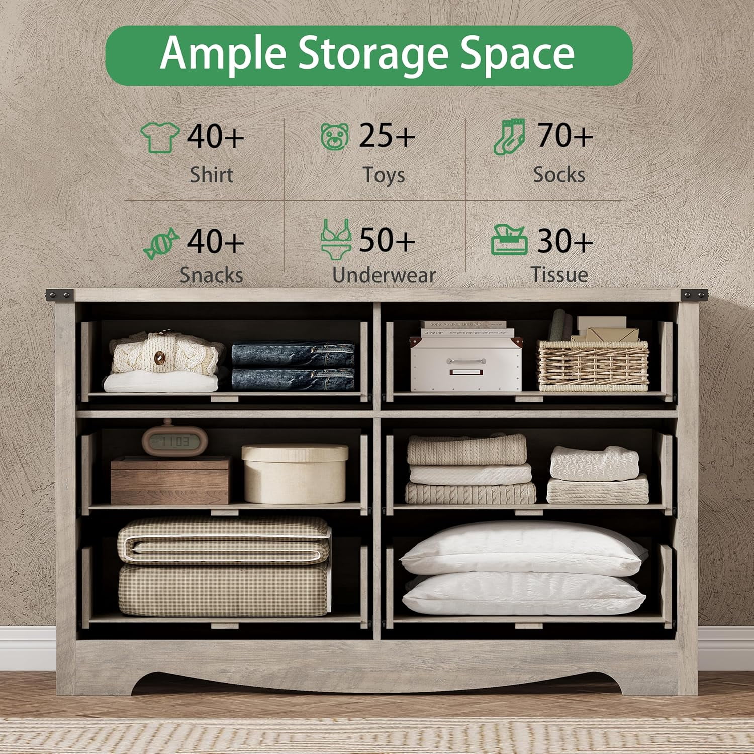 FANRAL 6 Drawers Dresser for Bedroom,Modern Wooden Chest of Drawers,Storage Organizer Dresser for Closet,Wood Dresser