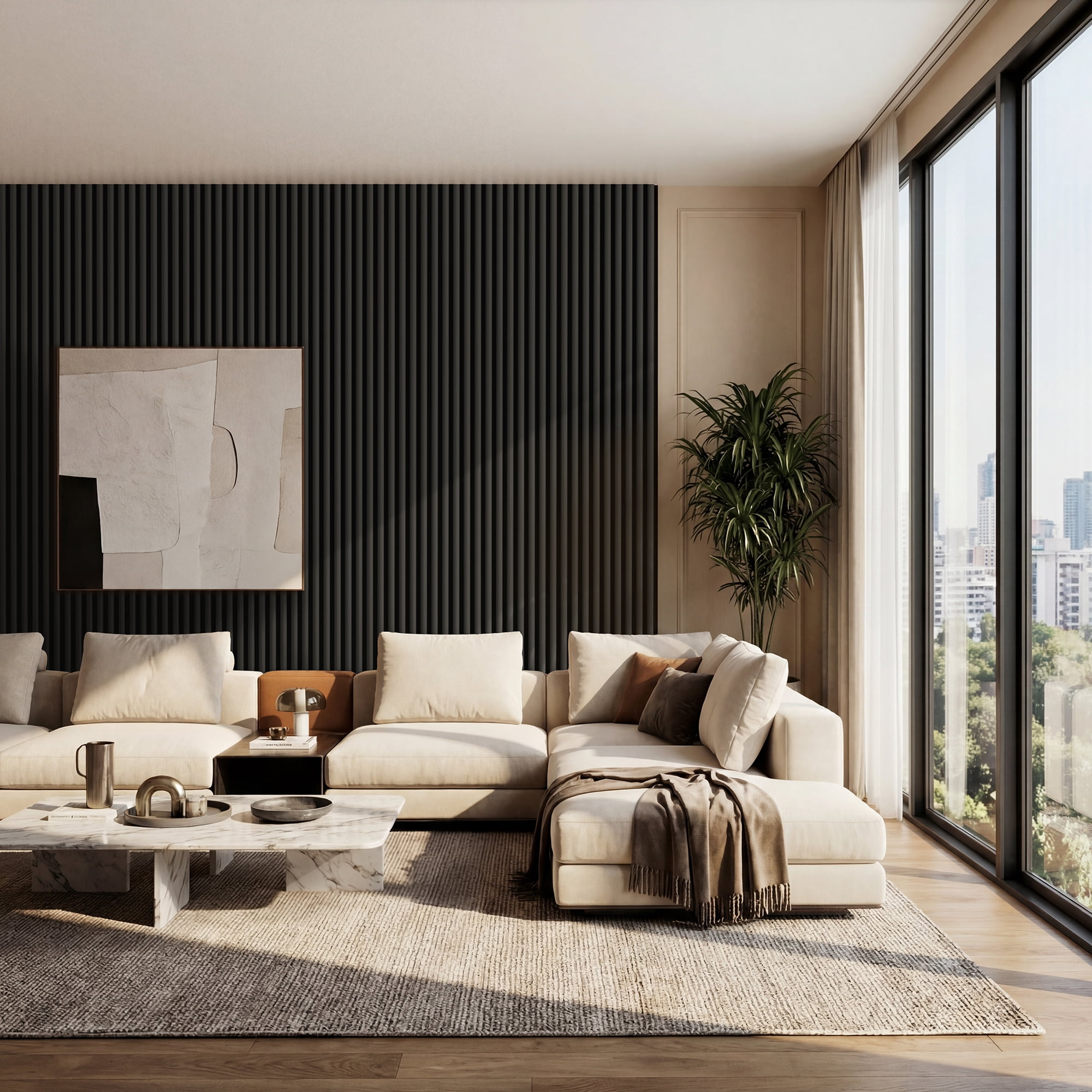 FRMALL Half-Round Acoustic Wood Slat Wall Panels, 4-Pack, 47" x 24" Soundproof 3D Decorative Wall Panels, Fluted Design, Black