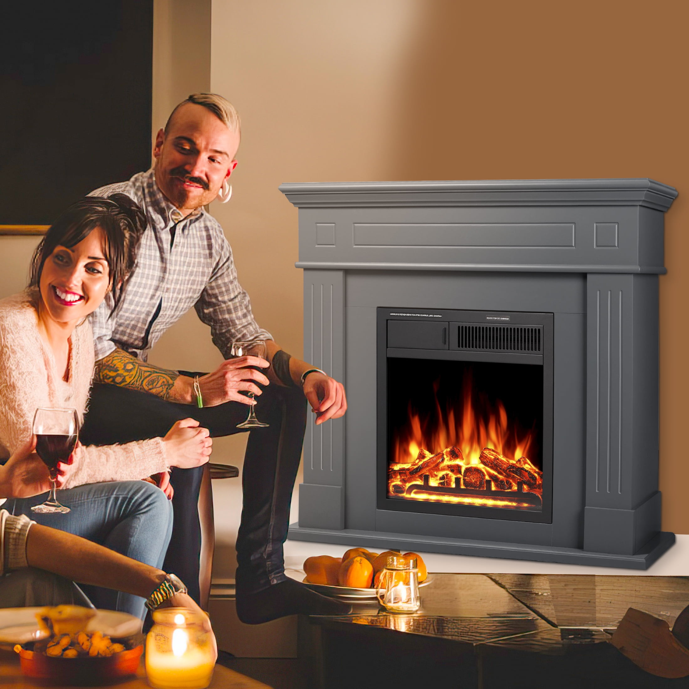 KISSAIR Electric Fireplace Mantel Package Wooden Surround Firebox TV Stand Free Standing Electric Fireplace Heater with Logs, Adjustable Led Flame, Remote Control, 750W-1500W, Grey
