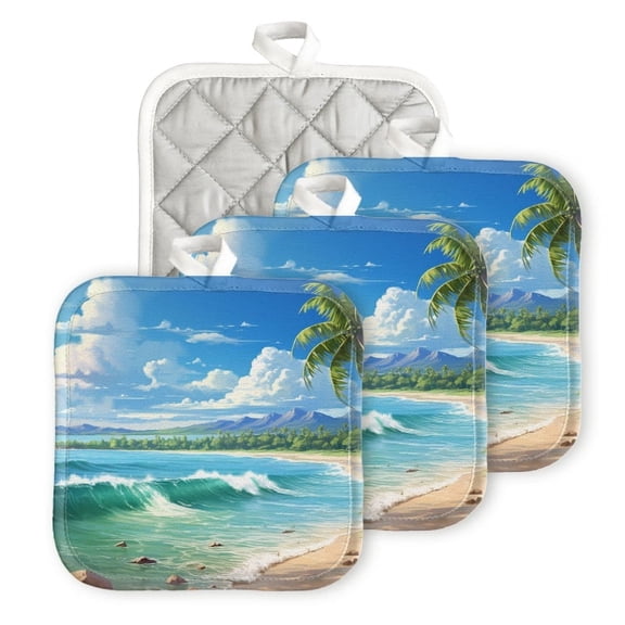 BaHomeck Pot Holders 4pcs dacron Made Square heat-resisting mat Machine Washable for Kitchen Oven Hot Pads 6.7inch*6.7inch,Beautiful Tropical Beach With Palm Trees And Waves