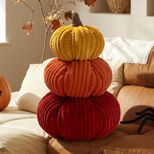 wonima44 3D Stacked Fall Pumpkin Pillow, 3 Color Corduroy Pumpkin Halloween Decoration Throw Pillow Soft Cute 3D Shaped Cushion for Sofa Couch Bedroom Autumn Thanksgiving Halloween Decor (9.1x15in)
