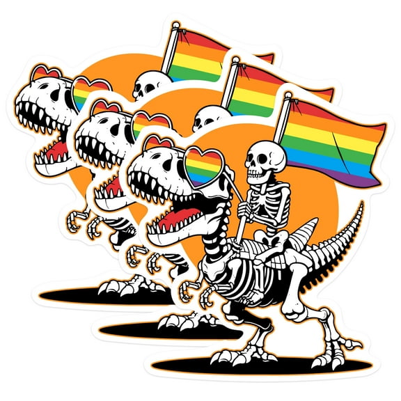 (3 Pack) Pride Dinosaur Decals - Skeleton Rider - LGBTQ Rainbow Flag Decals - 3 Inches On Longest Side - Easy Peel & Apply - Made in USA - 3MCS0570