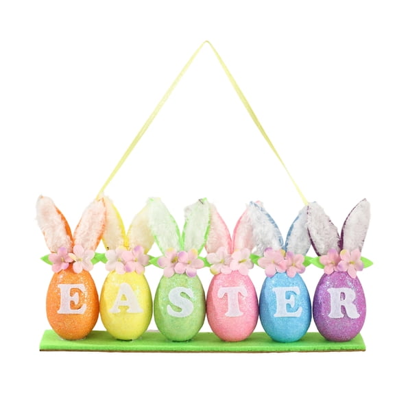 Easter Egg Hanging Ornament 3D Pastel Easter Eggs Decorations Wall Signs with Plush Rabbit Ears and Flowers Spring Vibrant Hanging Crafts for Holiday Front Door Window Party Table Decor