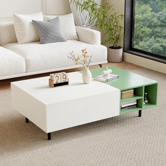 51.18" Modern Minimalist Coffee Table with Sliding Drawers & Open Storage Shelves, Storage Coffee Table for Living Room, Apartment, or Office, White & Green