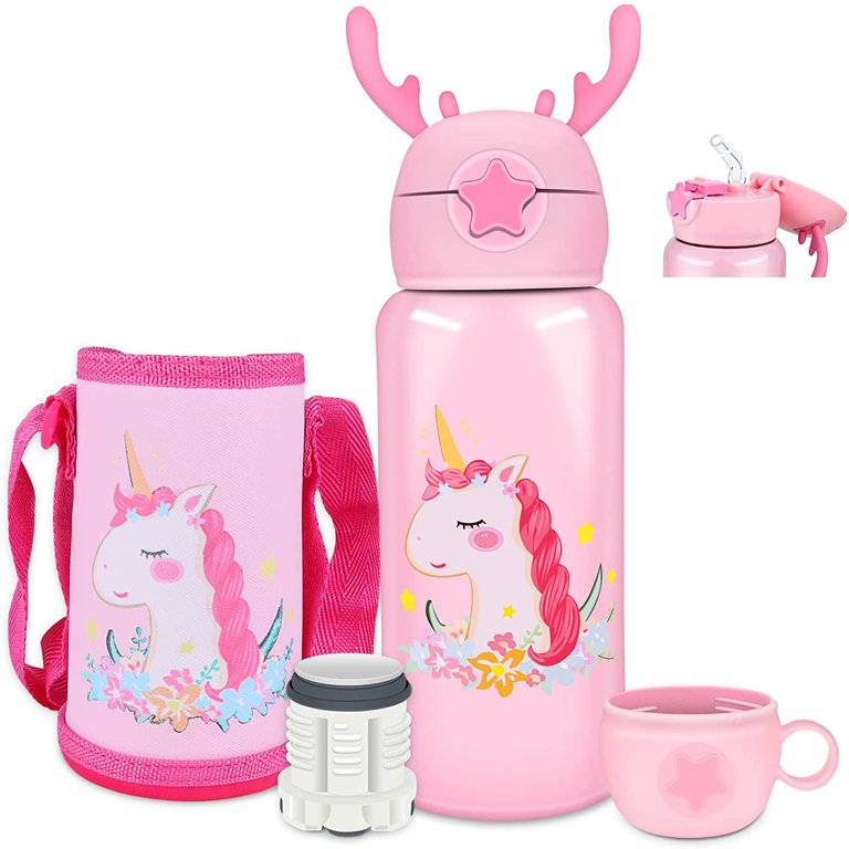  Kids Water Bottle for School Purple Unicorn Travel Thermos with  Straw Strap 316 Stainless Steel Vacuum Cup Flask Girl Birthday Gift  (unicorn 3, 500ml): Home & Kitchen