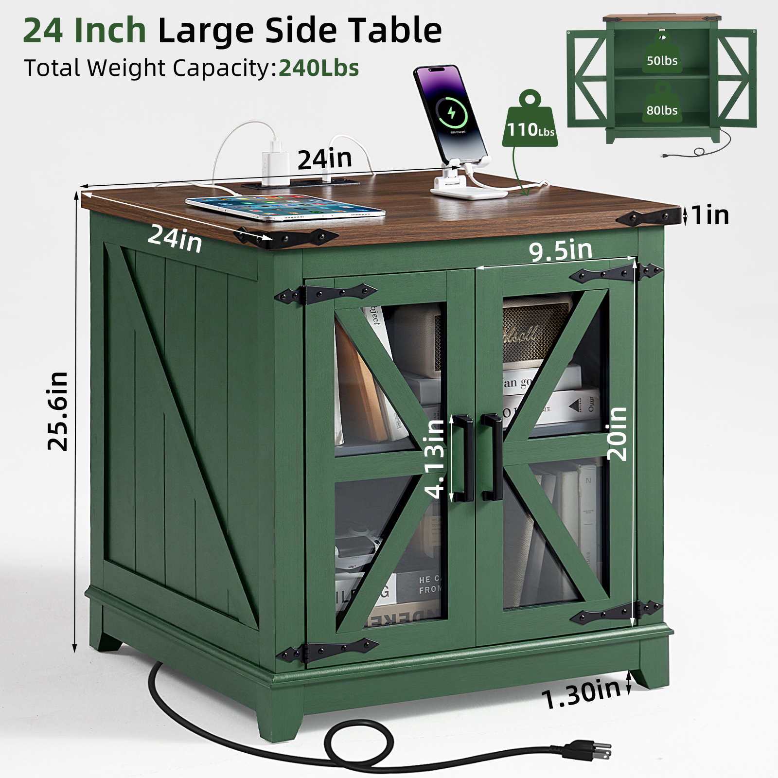 Joaxswe Farmhouse End Table with Power Outlets, Glass Door, Adjustable Storage Shelf, 24" Sidetable for Living Room, Bedroom, Office - Green