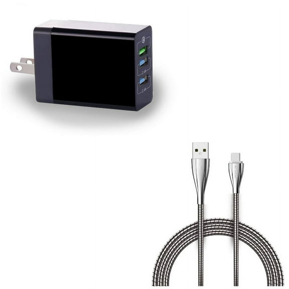 6ft Metal USB Cable w 34W Home Charger D3N for Lenovo Moto Tab (10.1) - LG G5, V20, G6, V30 V40 ThinQ, V35 ThinQ, Q7 Plus, G Pad X II 10.1, V50 ThinQ 5G, Stylo 4 Plus, Google Nexus 5X