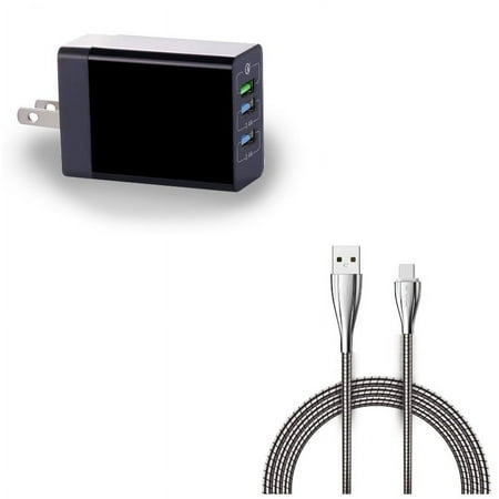 Type-C 6ft Metal USB Cable w 6.8Amp 34W Home Charger P1K for Alcatel 3V (2019) - ASUS ROG Phone 2 - BLU G9 Pro - BOLD N1 - Coolpad Legacy S - Google Pixel 4 XL - LG G8X ThinQ