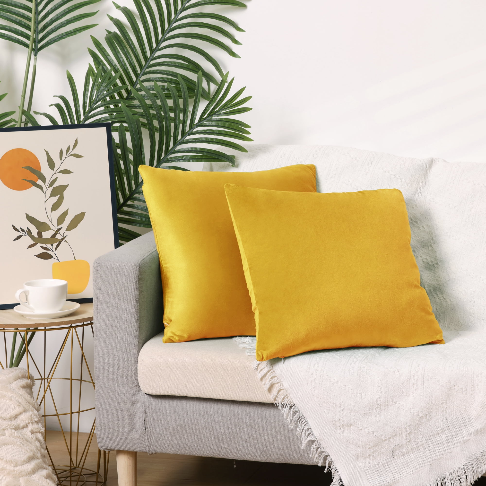 Unique Bargains Velvet Modern Zipper Cushion Decorative Throw Pillow Covers (2 Count) Yellow 20" x 20"