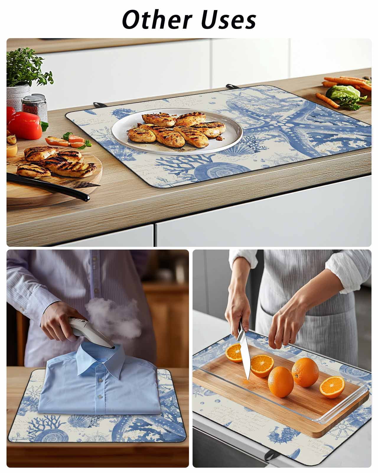 Stove Top Covers for Electric Stove, Blue Coastal Starfish Glass Stovetop Cover Protector, Beach Ocean Nautical Shells Conch Induction Cooktop Protector Oven Mat for Kitchen Countertop 36"x21"