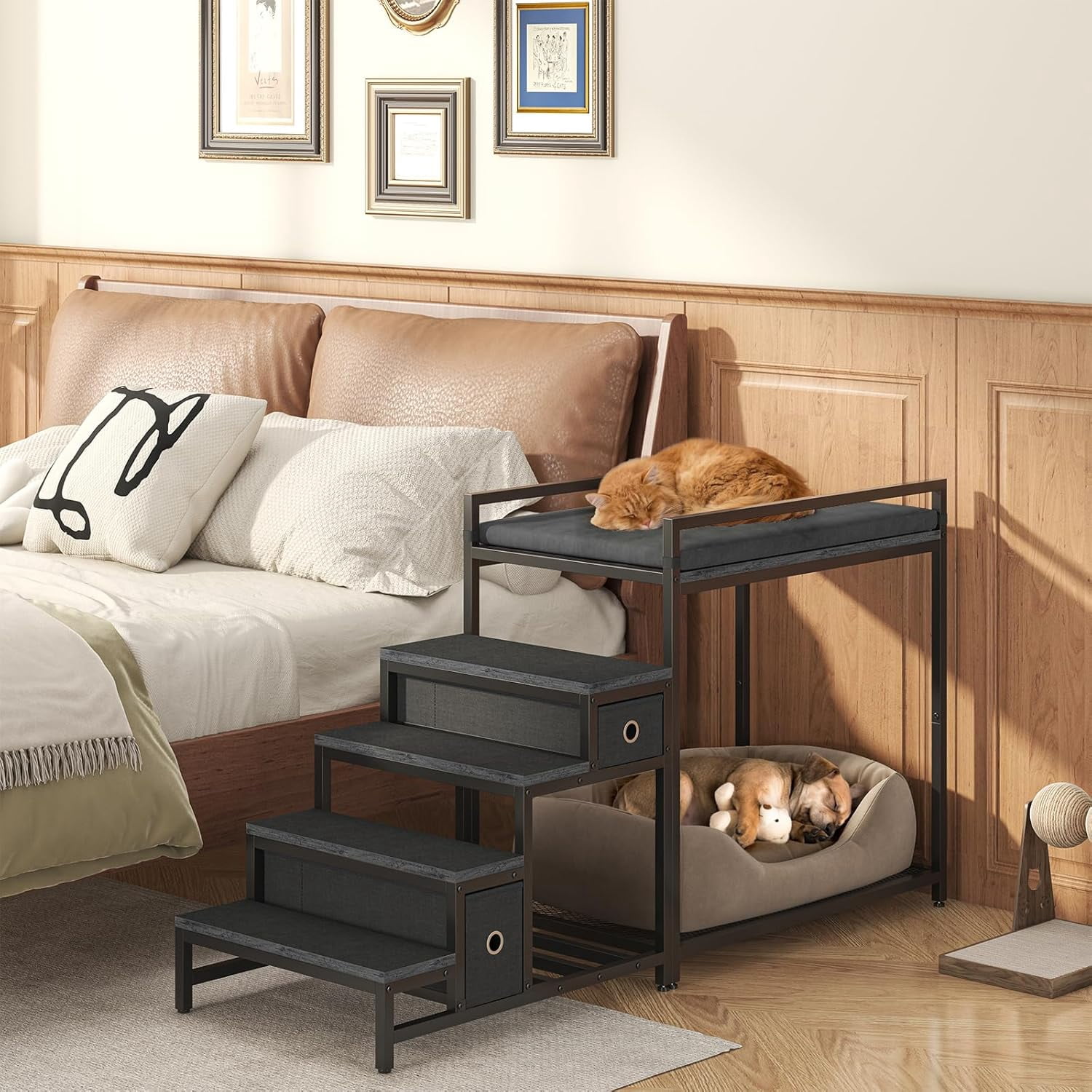 Dog Window Perch with Steps, Dog Bunk Bed Cat Windows Perch with Couch and 2 Fabric Drawer, Pet Bed and Pet Srairs Sets, Indoor Pet Furniture, Black
