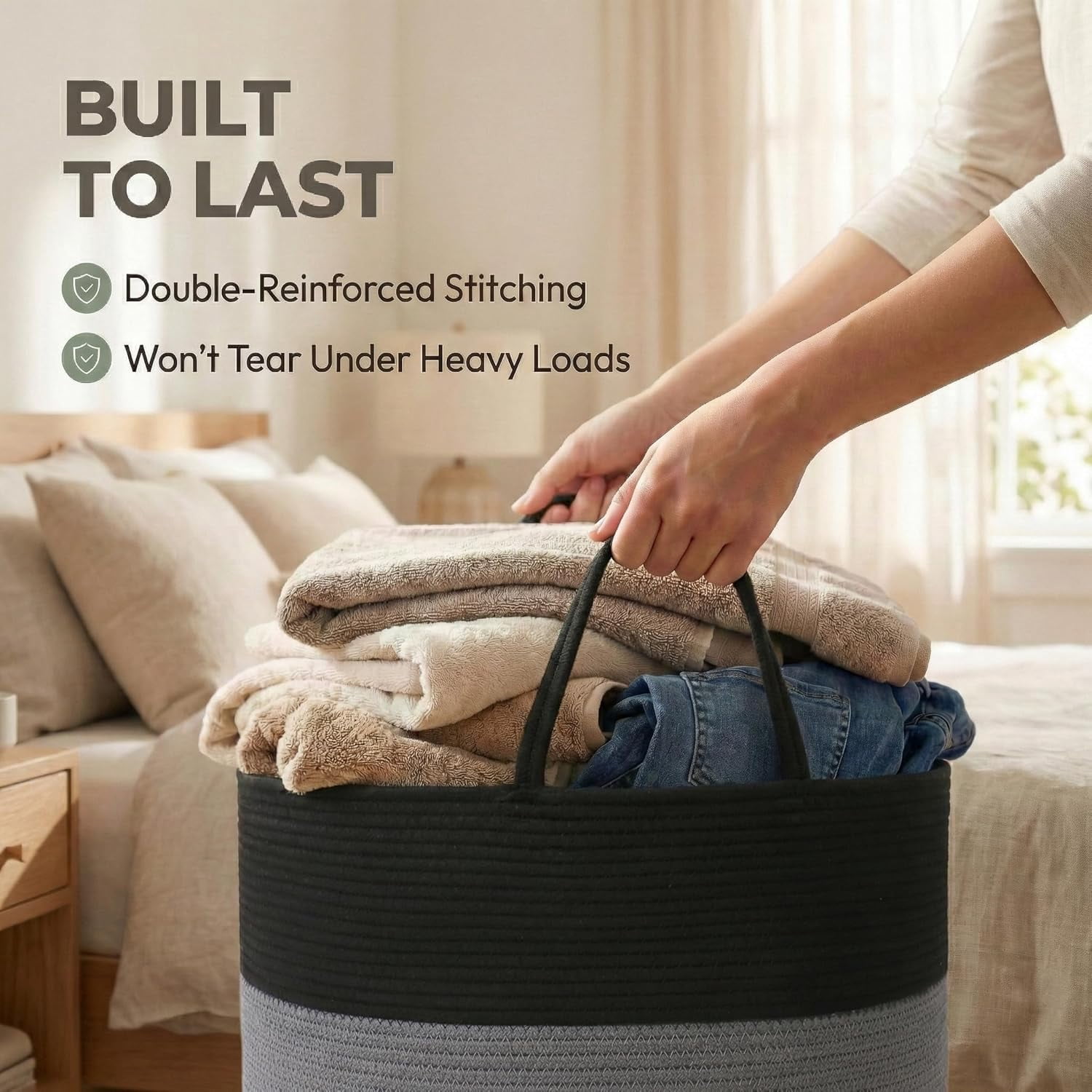115L Extra Large Oatmeal Woven Cotton Rope Blanket Basket & Laundry Hamper with Reinforced Handles, Machine Washable Storage Bin for Pillows, Comforters & Toys, Perfect for Living Room