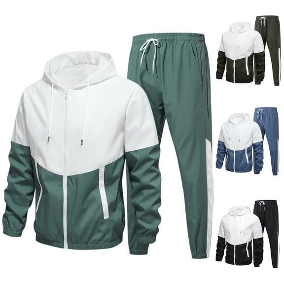 Men's Spring Fall 2-Piece Casual Set, Color-Blocked Lightweight Zippered Hooded Sportswear Jacket and Pants, For Outdoor Activities and Travel,Army Green,L