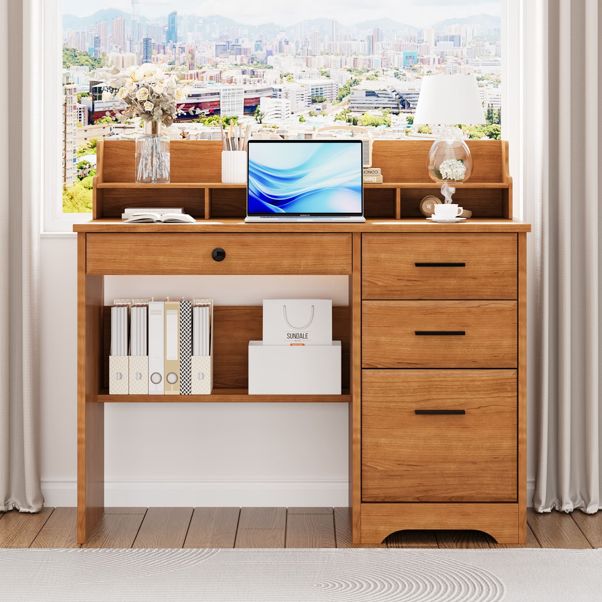 4 EVER WINNER Computer Desk with Drawers & Monitor Stand for Small Spaces, Wood Home Office Desk with File Cabinet, Writing Study Table for Bedroom Home Office, Brown