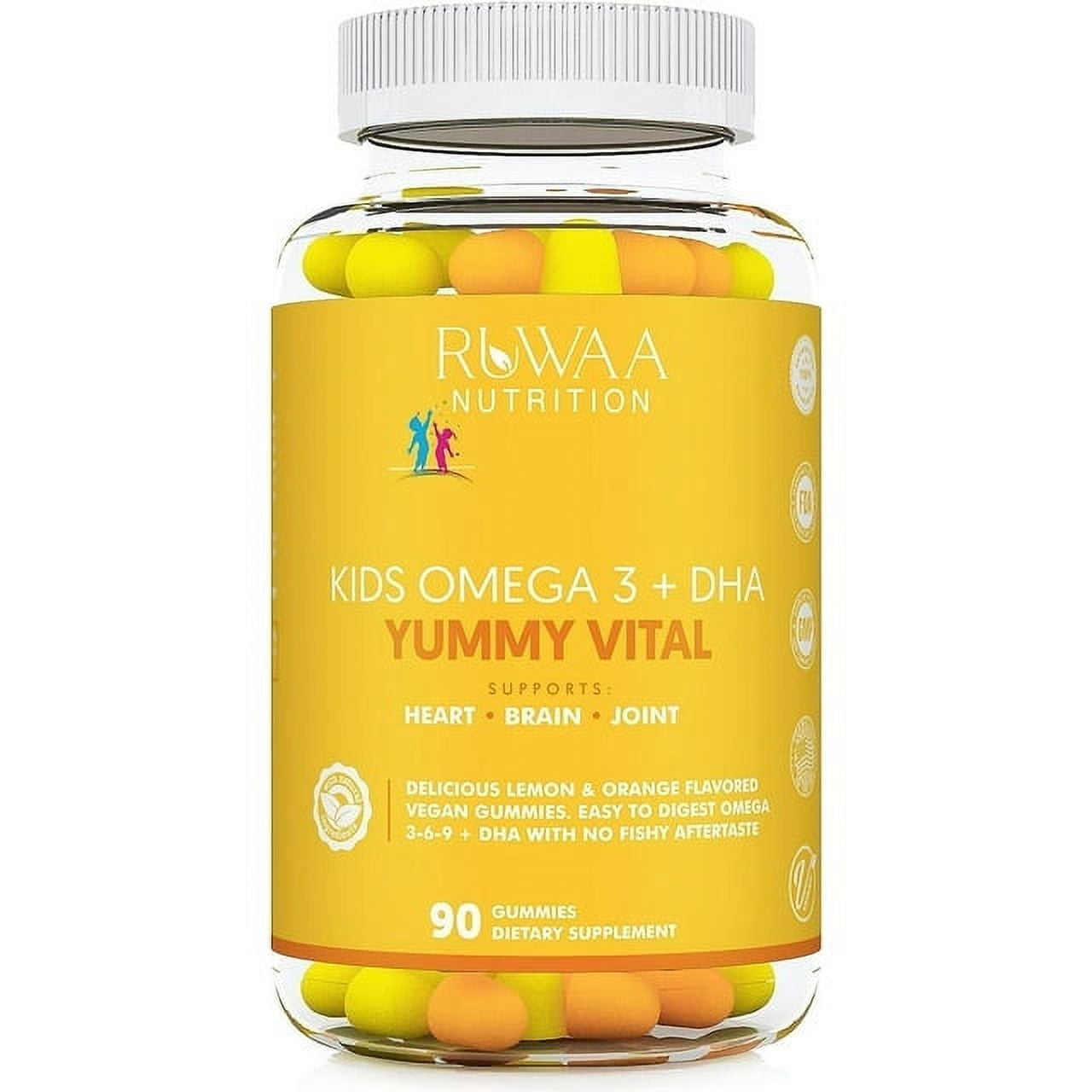 Ruwaa Nutrition Kids Omega 3-6-9 + DHA Gummies for Brain & Cognitive Support, Vegan Omega 3 Fish Oil for Kids, Vegetarian, 90 Count