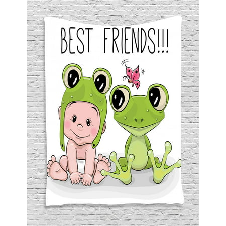 Animal Tapestry, Cute Cartoon Baby in Froggy Hat and Frog Best Friends Love Theme Graphic, Wall Hanging for Bedroom Living Room Dorm Decor, Cream White Green, by