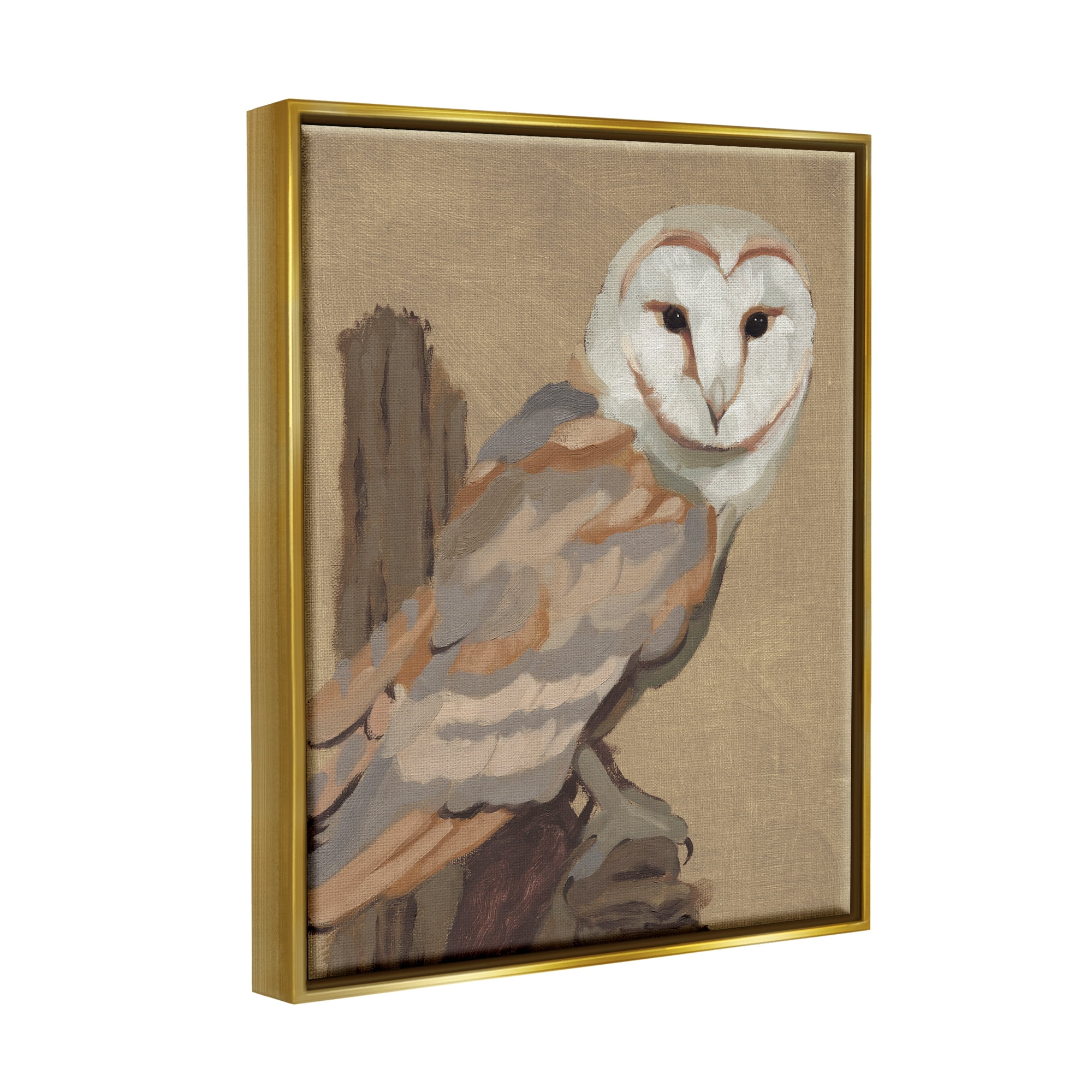 Stupell Industries Barn Owl Bird Perched Gazing Wildlife Animal Painting Painting Metallic Gold Floating Framed Canvas Print Wall Art, Design by Jacob Green