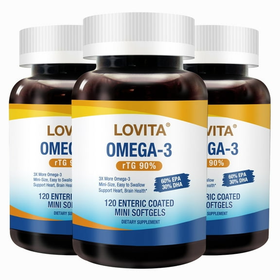 LOVITA Omega-3 Fish Oil Mini Softgels (rTG Form), High Absorption, 90% Omega-3 (EPA & DHA), Burpless, Heart, Brain & Eye Support – 120 Enteric-Coated Softgels (Pack of 3)
