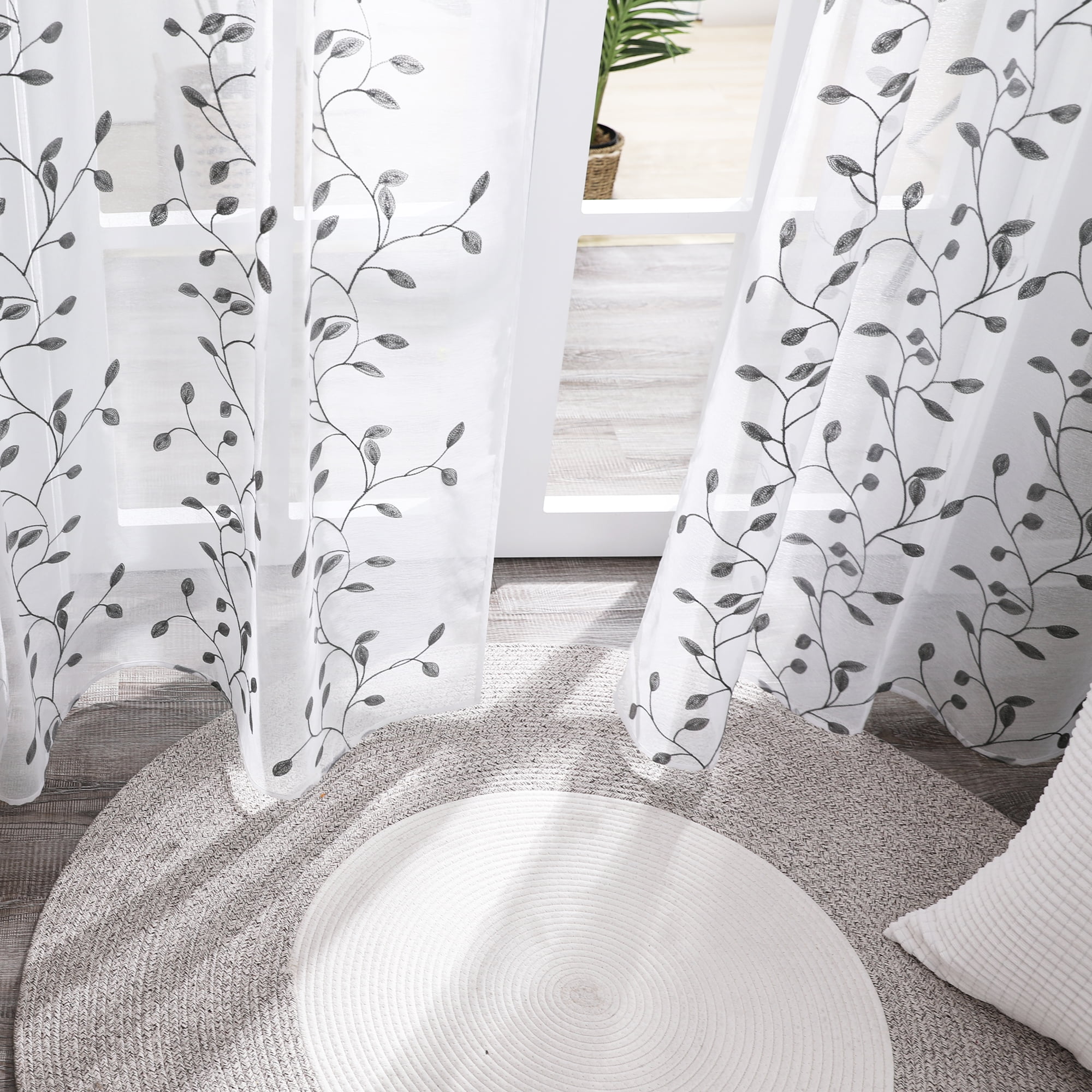 Deconovo Embroidered White Sheer Curtains, 2 Panels Curtains with Leaves Pattern for Balcony - 2 Panels, Each 52x45 in, Gray