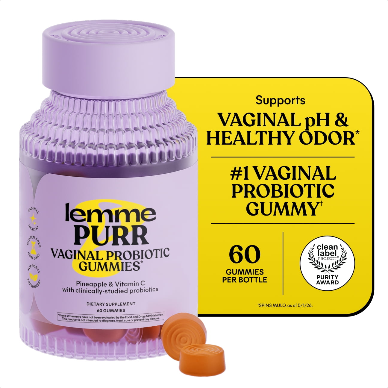Lemme Purr Vaginal Probiotic Gummies for Women - Promotes pH Balance, Healthy Vaginal Odor & Urinary Tract Health w/Lactobacillus Blend, Pineapple & Vitamin C, 60 Count