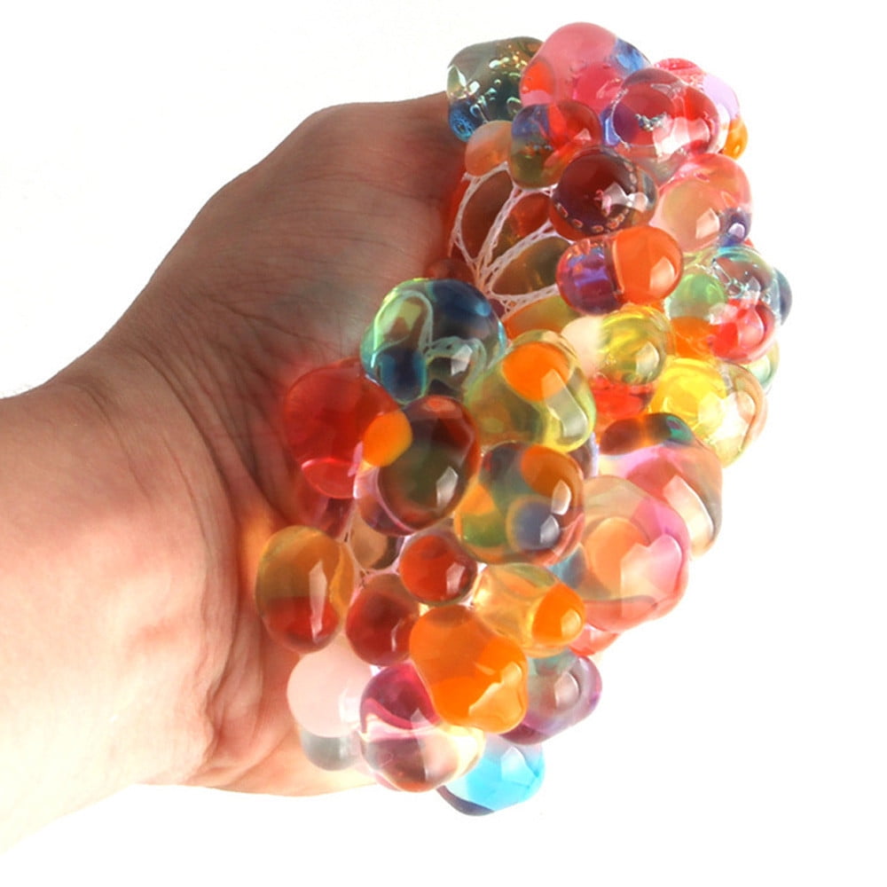 1x Mesh-Covered Rainbow Bead Squeeze Squish Stress Ball 