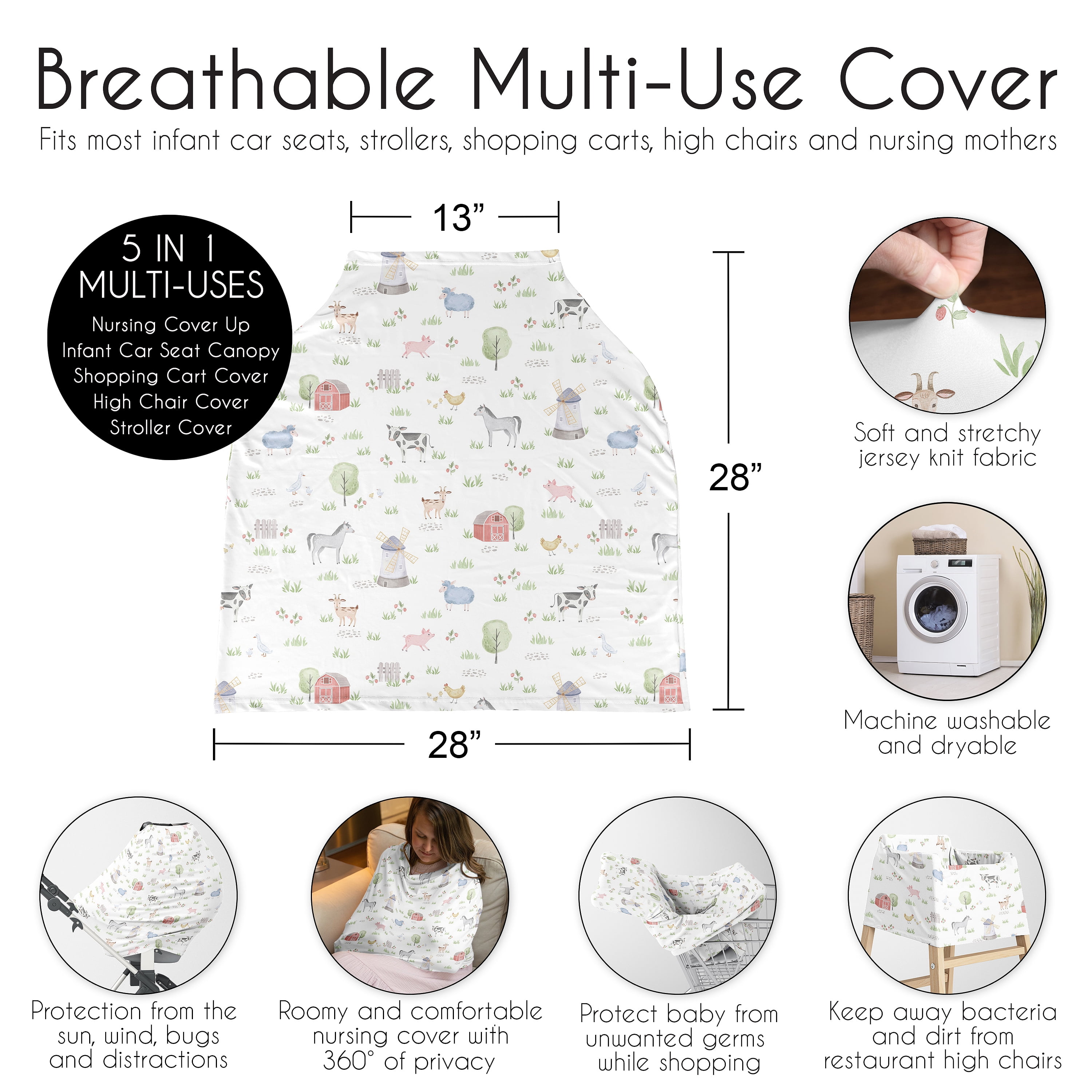 Sweet Jojo Designs Farm Animals Gray Green Grey Red Multi Use Baby Car Seat and Nursing Cover