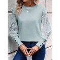 thumbnail image 4 of Women'S Solid Color Long Sleeve Embroidered Lace Stitching Waffle Round Neck Top Lake Blue XL, 4 of 8