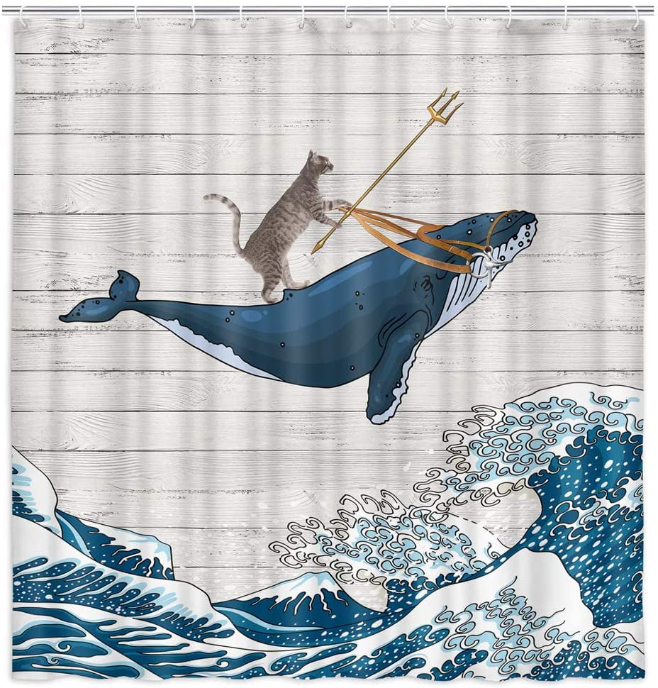Funny Shower Curtain, Cool Cat Riding Whale in Ocean Wave Shower Curtain, Vintage Rustic Wooden Farmhouse Shower Curtain Oriental Fabric Vintage Kanagawa Japan Art Cute Kids Shower Curtain,71X71IN