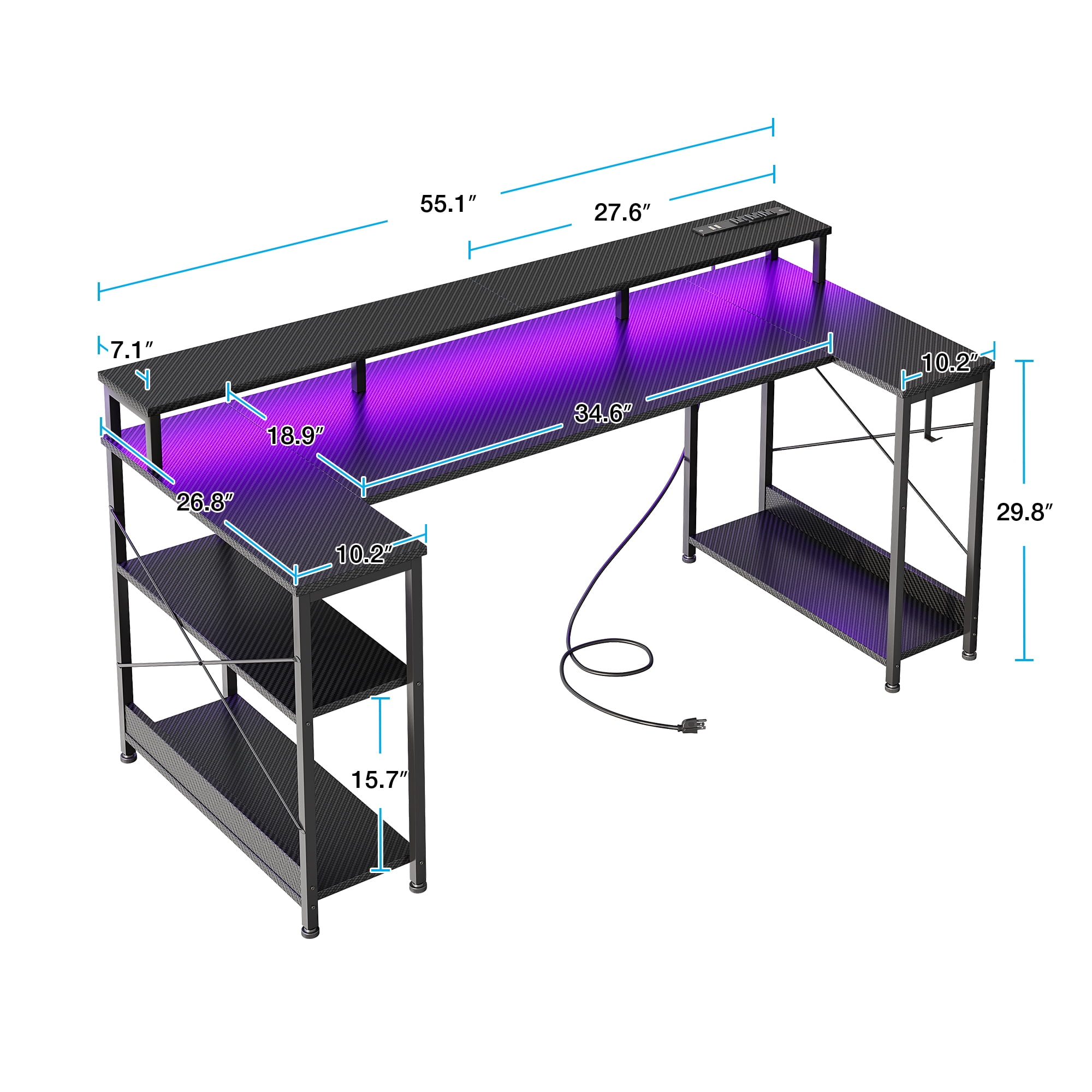 55 inch U Shaped Gaming Desk with Power Outlets & LED Light Strip, Home Office Desk with Storage Shelf, Suitable for Large Space, Gaming, Studying, Carbon Fiber Black