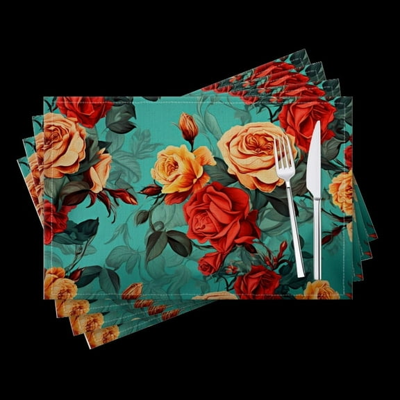 BaHomeck placemats Set of 4 Roses In Red And Yellow Tones On Turquoise Background Cotton Linen rectangle Placemats for Kitchen Dining Table Indoor,Outdoor,18*12inch