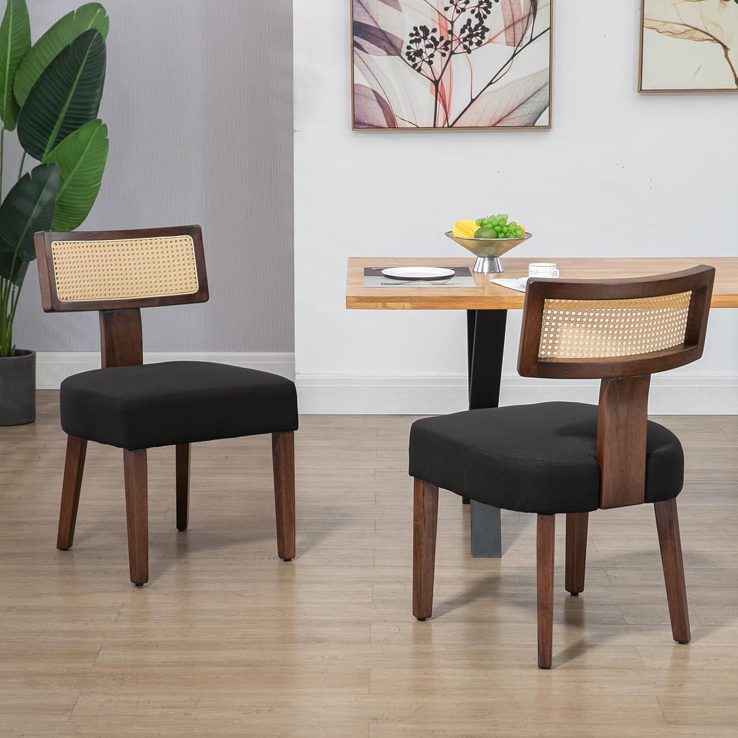 Newnno Rattan Dining Chairs Set of 4, Mid-Century Modern Kitchen & Living Room Chair with Cane Curved Back & Hardwood Frame in Dark Walnut Finish, Black Linen Upholstered