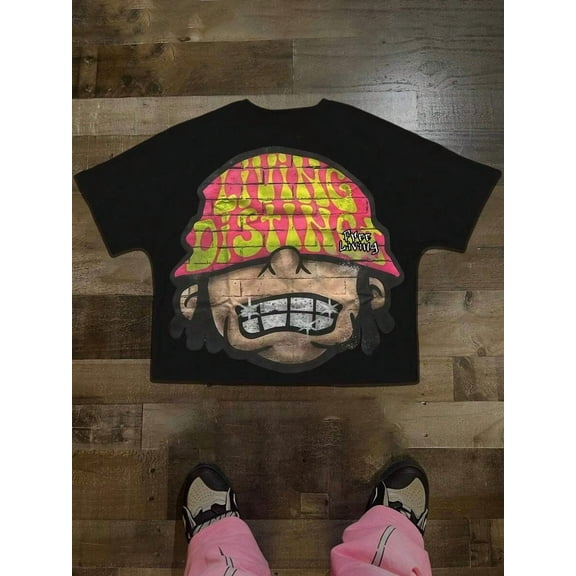 Men Vacation Round Neck Funny Graphic Short-Sleeved T-Shirt, Oversized Cartoon Head Pattern, Ins Street Loose Top, Boyfriend Gift