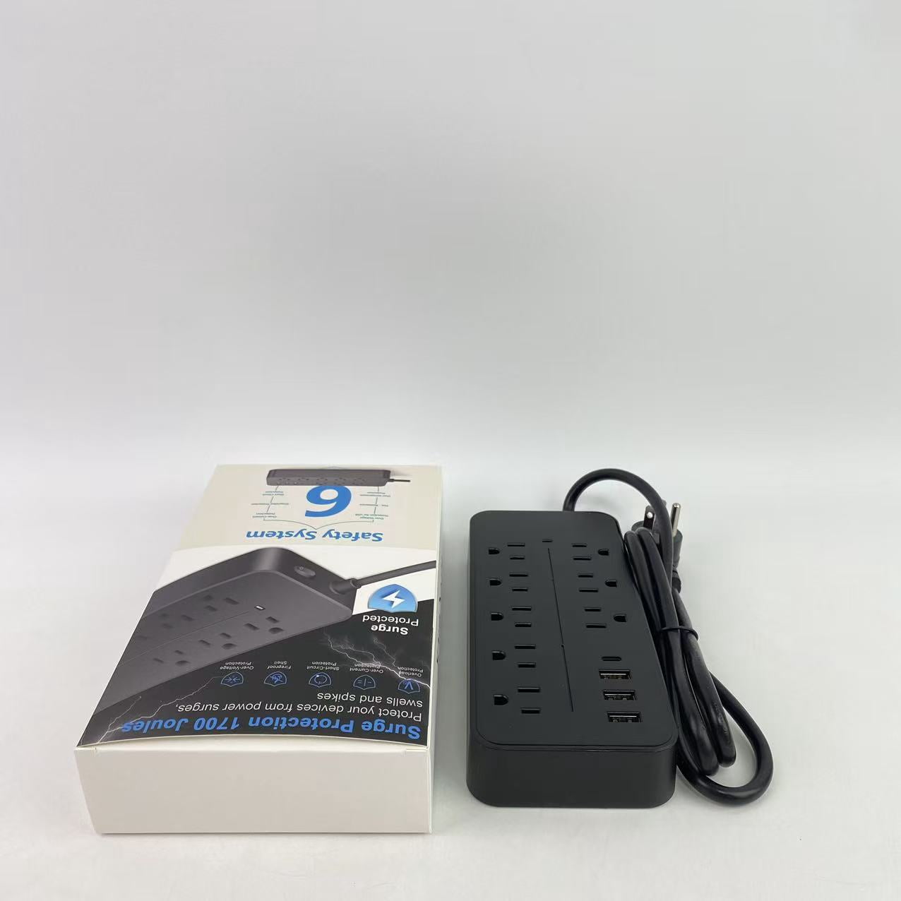 AcroQuick Extension cords, Black Surge Protector with Outlets - Spacious Design for Large Plugs, Flat Plug, 20W USB C Charging for Home, Office