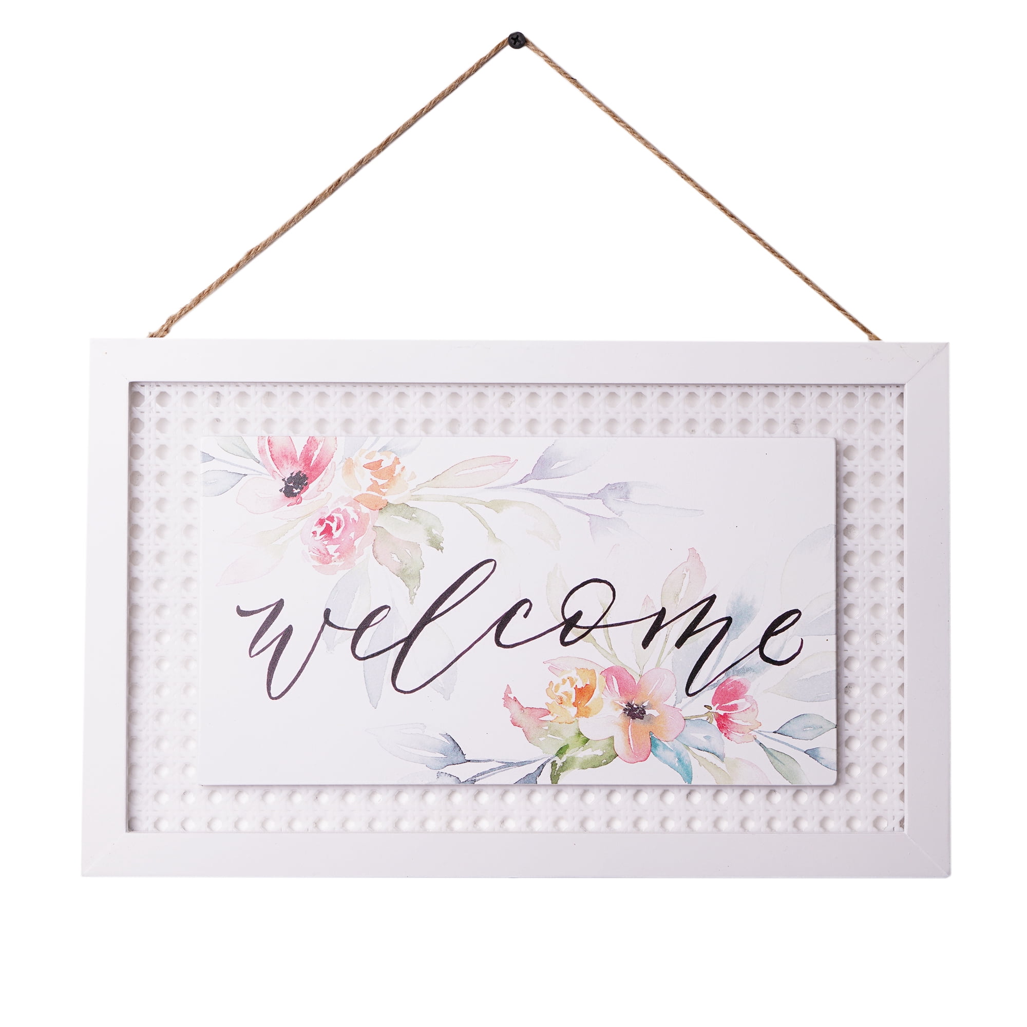 Welcome Floral Rattan Wall Plaque 9" x 15"