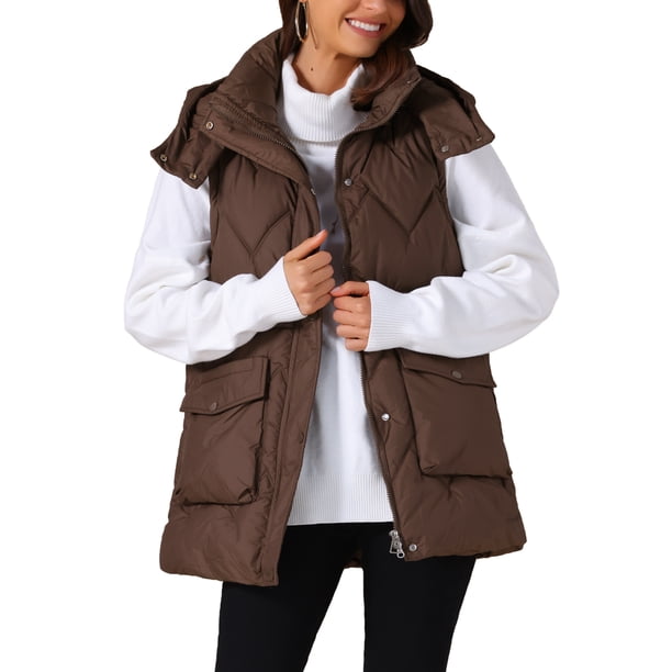 CHALECO INSPIRADOR CHIC para Mujer Abrigo de Invierno con Capucha Cierre de Cremallera Largo Medio Sin Mangas Acolchado Talla XL Café