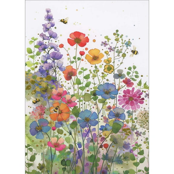 Bug Art Bumblebees and Meadow of Colorful Flowers on Long Stems Blank Note Card