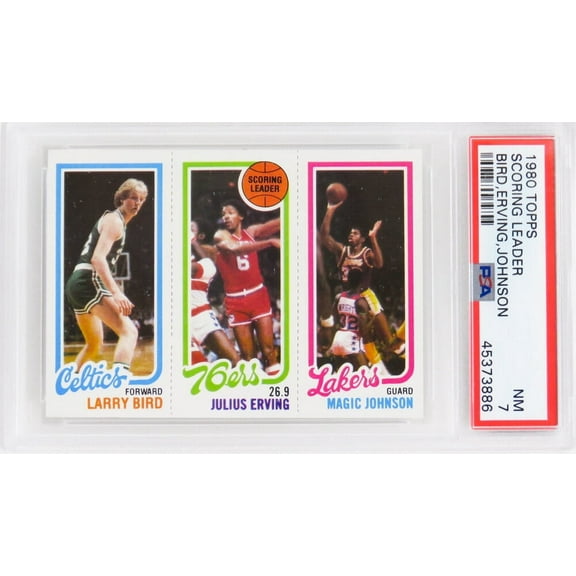 Larry Bird, Magic Johnson & Julius Erving 1980 Topps Scoring Leader RC Card (PSA 7 NM)(PWCC Top 30% Eye Appeal)(D)