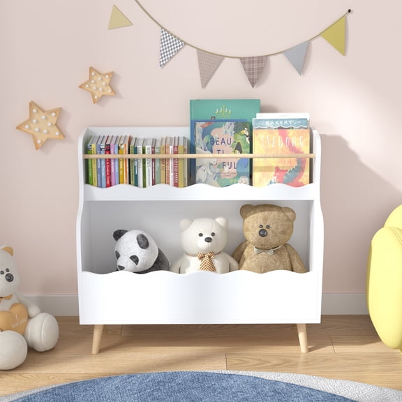 Noble House 31.3" Kids 2-Tier Bookcase with Rod, Wavy Front Book and Toy Storage Cabinet Organizer, Kid Room, White