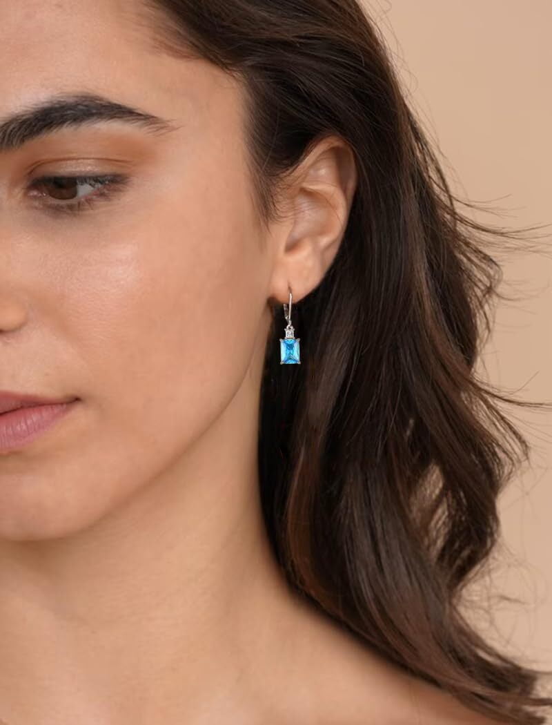 Starchenie Princess/Emerald Brilliant Cut Birthstone March aquamarine Earrings for Women Dangle Earrings Sterling Silver Leverback Earrings Birthday Anniversary Jewelry Gift