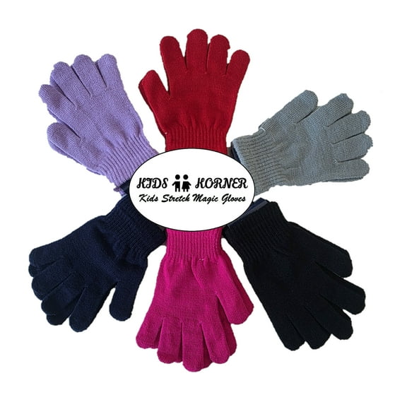 Kids Children's Unisex Winter Stretch Magic Gloves in Assorted Colors One Size Fits All 6-Pack