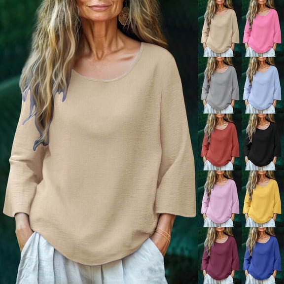 Endives Women's Cotton Linen Shirt 3/4 Sleeve Round Neck Solid Color Loose Top Womens Blouse Summer T Shirt Top Hot Pink