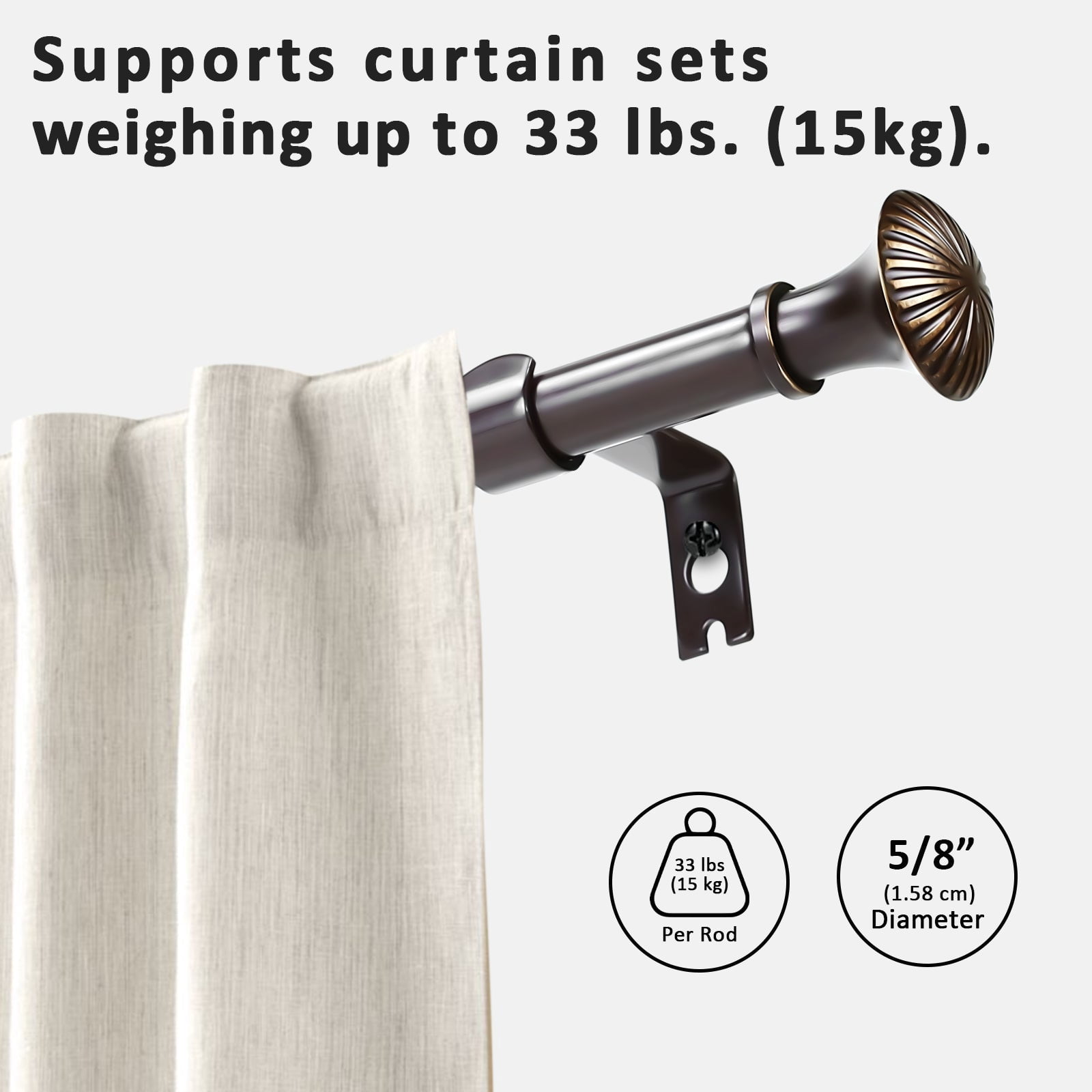 Ridicili 5/8" Telescoping Single Curtain Rods with Trumpet Finials,Bronze Gold, 84"-120"