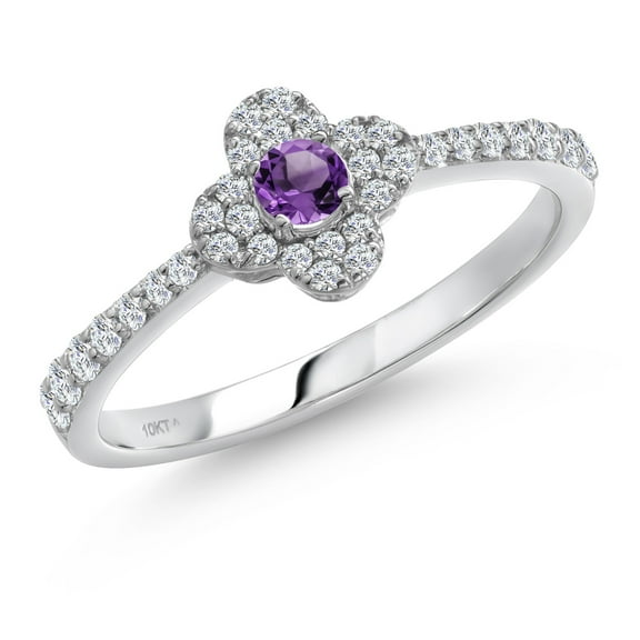 Gem Stone King 10K White Gold Purple Amethyst Clover Flower Engagement Ring for Women | 0.26 Cttw | Round 2.5MM | Gemstone February Birthstone | Size 5