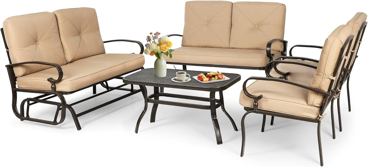 SUNCROWN 5-Piece Patio Furniture Set Outdoor Metal Conversation Set, Brown