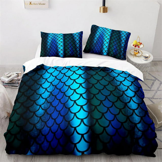 Ensemble de Literie Écailles de Poisson Colorées Simple Très Grand pour Enfants Fille Bleu Rose Impression Surface de Peau Mermaid Housse de Couette Polyester