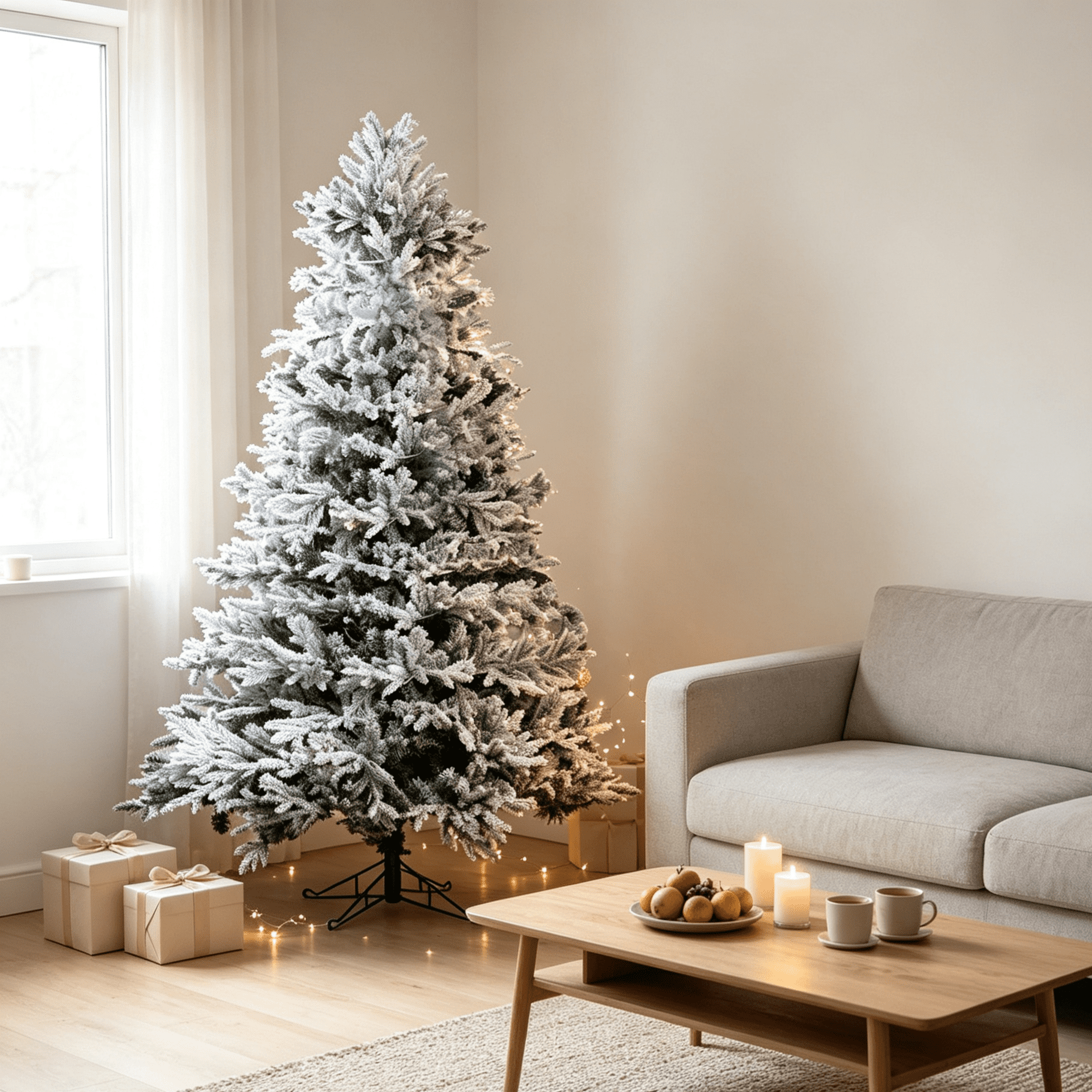 7 ft Snow-Flocked Artificial Christmas Tree with Green Metal Stand, White