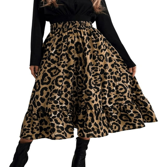 Womens Ruffle Dress Leopard Print High Waist Party Tulle Tutu A-line Midi Skirt Brown M